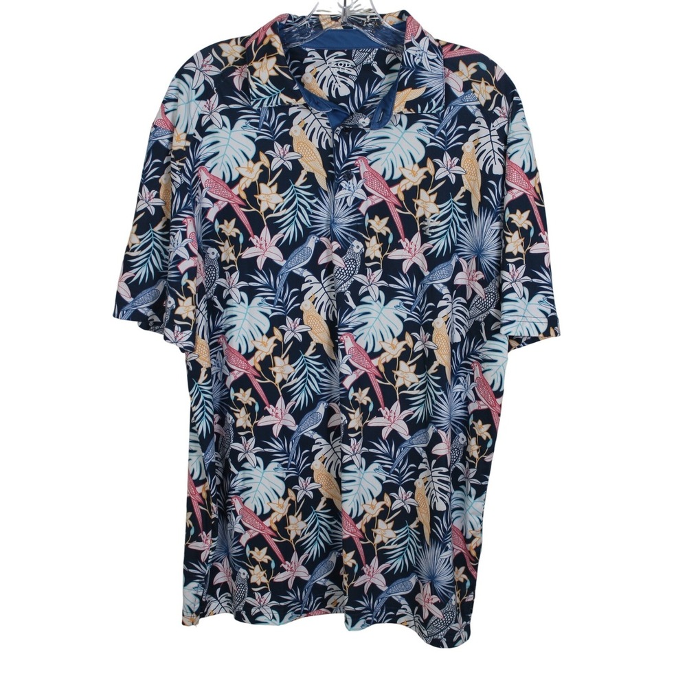 Izod Golf Mens Large Tropical Bird Floral Polo Shirt Navy Blue 46IZSHB31R410